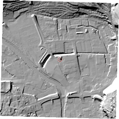 Shaded relief map of the ground around BN72YL, computed from Environment Agency LiDAR. The ground here sits at about 6 m above sea level and falls 54 m across the surrounding 800 m. Surface water reaching this point runs off ground lying to the north-north-east, 4.3 m higher.
