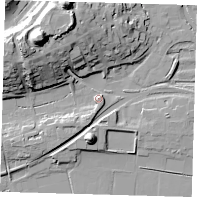 Shaded relief map of the ground around BN72YY, computed from Environment Agency LiDAR. The ground here sits at about 9 m above sea level and falls 49 m across the surrounding 800 m. Surface water reaching this point runs off ground lying to the west-north-west, 29.5 m higher.