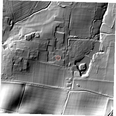 Shaded relief map of the ground around BN73AE, computed from Environment Agency LiDAR. The ground here sits at about 68 m above sea level and falls 69 m across the surrounding 800 m. Surface water reaching this point runs off ground lying to the south-west, 3.0 m higher.