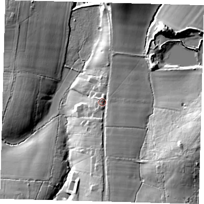 Shaded relief map of the ground around BN73AH, computed from Environment Agency LiDAR. The ground here sits at about 53 m above sea level and falls 25 m across the surrounding 800 m. Surface water reaching this point runs off ground lying to the south, 8.4 m higher.