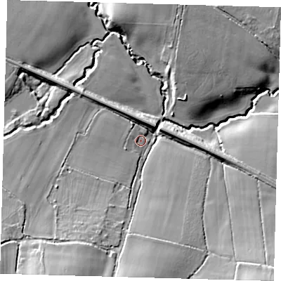 Shaded relief map of the ground around BN73AX, computed from Environment Agency LiDAR. The ground here sits at about 28 m above sea level and falls 23 m across the surrounding 800 m. Surface water reaching this point runs off ground lying to the south-south-west, 16.6 m higher.