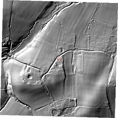 Shaded relief map of the ground around BN73BA, computed from Environment Agency LiDAR. The ground here sits at about 43 m above sea level and falls 24 m across the surrounding 800 m. Surface water reaching this point runs off ground lying to the south-west, 11.7 m higher.