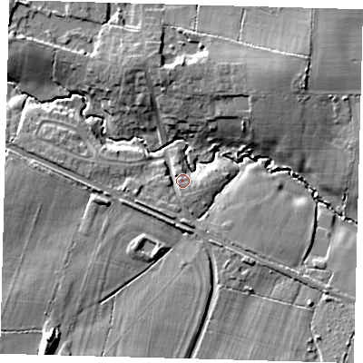 Shaded relief map of the ground around BN73DP, computed from Environment Agency LiDAR. The ground here sits at about 33 m above sea level and falls 17 m across the surrounding 800 m. Surface water reaching this point runs off ground lying to the south-west, 4.1 m higher.