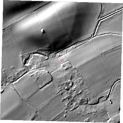 Shaded relief map of the ground around BN73EN, computed from Environment Agency LiDAR. The ground here sits at about 8 m above sea level and falls 25 m across the surrounding 800 m. Surface water reaching this point runs off ground lying to the south-south-west, 4.8 m higher.