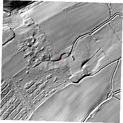 Shaded relief map of the ground around BN73ES, computed from Environment Agency LiDAR. The ground here sits at about 5 m above sea level and falls 15 m across the surrounding 800 m. Surface water reaching this point runs off ground lying to the west-north-west, 9.4 m higher.