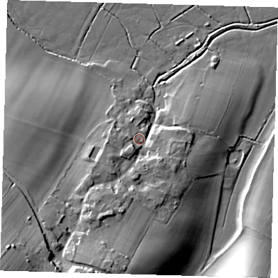 Shaded relief map of the ground around BN73HF, computed from Environment Agency LiDAR. The ground here sits at about 8 m above sea level and falls 34 m across the surrounding 800 m. Surface water reaching this point runs off ground lying to the south-south-west, 13.3 m higher.