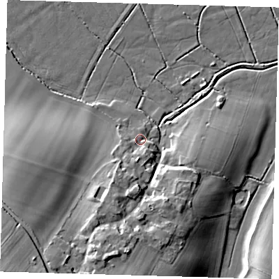 Shaded relief map of the ground around BN73HG, computed from Environment Agency LiDAR. The ground here sits at about 5 m above sea level and falls 27 m across the surrounding 800 m. Surface water reaching this point runs off ground lying to the south-south-west, 7.7 m higher.