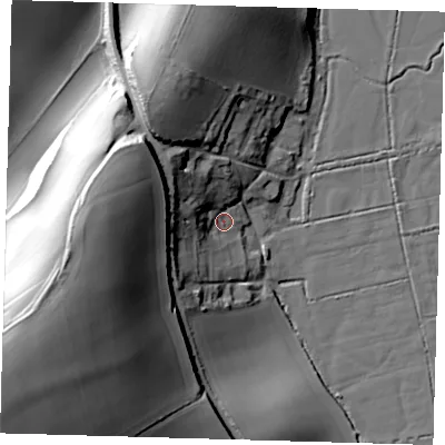 Shaded relief map of the ground around BN73HX, computed from Environment Agency LiDAR. The ground here sits at about 8 m above sea level and falls 63 m across the surrounding 800 m. Surface water reaching this point runs off ground lying to the west-south-west, 46.1 m higher.