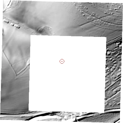 Shaded relief map of the ground around BN73JH, computed from Environment Agency LiDAR. and falls 93 m across the surrounding 800 m.