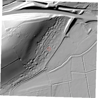 Shaded relief map of the ground around BN73NB, computed from Environment Agency LiDAR. The ground here sits at about 8 m above sea level and falls 68 m across the surrounding 800 m. Surface water reaching this point runs off ground lying to the west-north-west, 9.9 m higher.