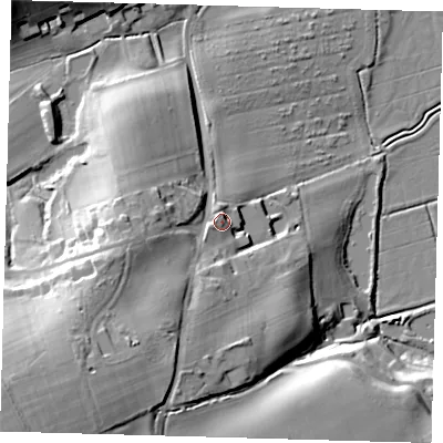 Shaded relief map of the ground around BN73NE, computed from Environment Agency LiDAR. The ground here sits at about 18 m above sea level and falls 40 m across the surrounding 800 m. Surface water reaching this point runs off ground lying to the south-west, 3.5 m higher.