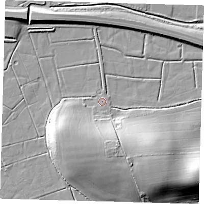 Shaded relief map of the ground around BN73PR, computed from Environment Agency LiDAR. The ground here sits at about 3 m above sea level and falls 20 m across the surrounding 800 m. Surface water reaching this point runs off ground lying to the south, 13.2 m higher.