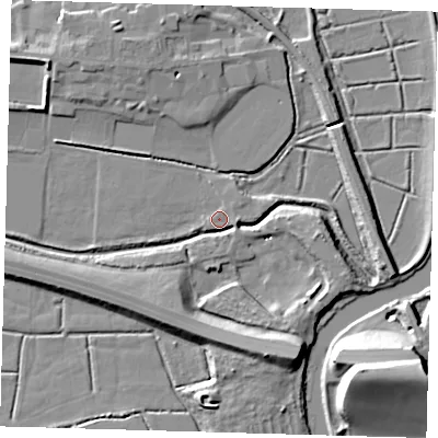 Shaded relief map of the ground around BN73PS, computed from Environment Agency LiDAR. The ground here sits at about 4 m above sea level and falls 20 m across the surrounding 800 m. Surface water reaching this point runs off ground lying to the east, 3.4 m higher.