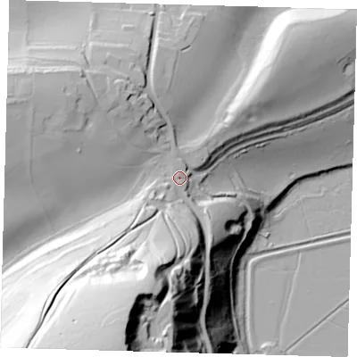 Shaded relief map of the ground around BN73QA, computed from Environment Agency LiDAR. The ground here sits at about 39 m above sea level and falls 119 m across the surrounding 800 m. Surface water reaching this point runs off ground lying to the south-west, 11.2 m higher.