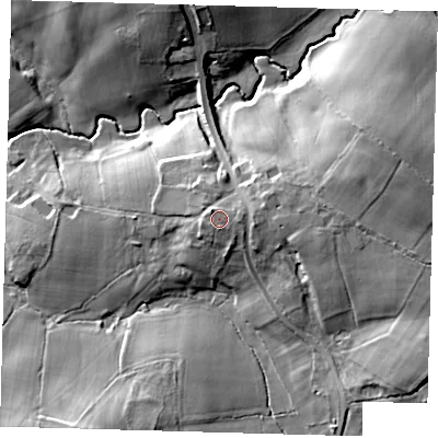 Shaded relief map of the ground around BN84DA, computed from Environment Agency LiDAR. The ground here sits at about 33 m above sea level and falls 16 m across the surrounding 800 m. Surface water reaching this point runs off ground lying to the north-west, 1.2 m higher.
