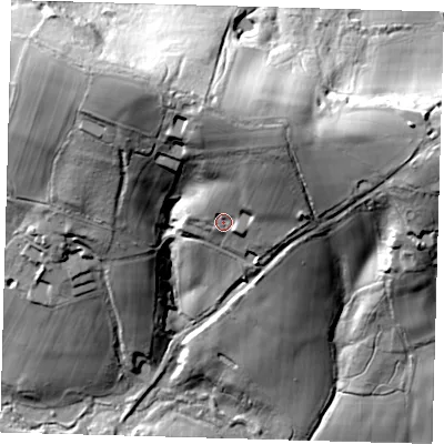 Shaded relief map of the ground around BN84HR, computed from Environment Agency LiDAR. The ground here sits at about 46 m above sea level and falls 48 m across the surrounding 800 m. Surface water reaching this point runs off ground lying to the north-north-east, 18.9 m higher.