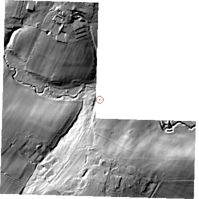 Shaded relief map of the ground around BN84HS, computed from Environment Agency LiDAR. and falls 31 m across the surrounding 800 m. Surface water reaching this point runs off ground lying to the south, 9.0 m higher.