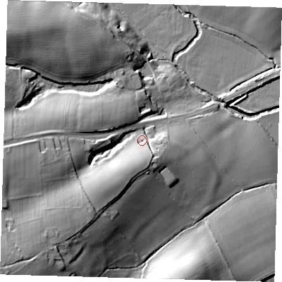 Shaded relief map of the ground around BN84QP, computed from Environment Agency LiDAR. The ground here sits at about 21 m above sea level and falls 27 m across the surrounding 800 m. Surface water reaching this point runs off ground lying to the south, 9.0 m higher.
