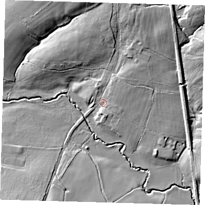 Shaded relief map of the ground around BN84TD, computed from Environment Agency LiDAR. The ground here sits at about 18 m above sea level and falls 16 m across the surrounding 800 m. Surface water reaching this point runs off ground lying to the north-north-east, 10.3 m higher.