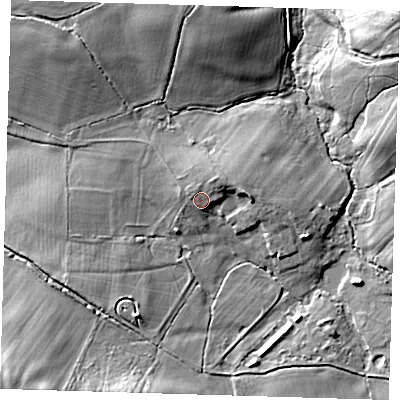 Shaded relief map of the ground around BN85AF, computed from Environment Agency LiDAR. The ground here sits at about 26 m above sea level and falls 13 m across the surrounding 800 m. Surface water reaching this point runs off ground lying to the north-east, 2.0 m higher.