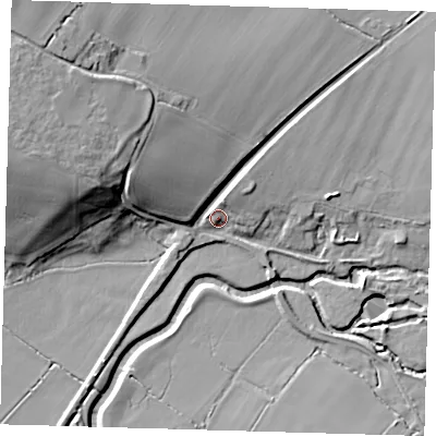 Shaded relief map of the ground around BN85BP, computed from Environment Agency LiDAR. The ground here sits at about 8 m above sea level and falls 22 m across the surrounding 800 m. Surface water reaching this point runs off ground lying to the north-west, 18.8 m higher.