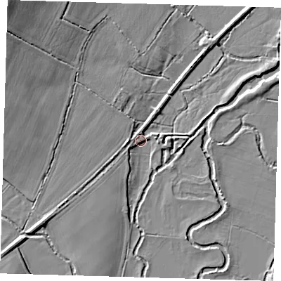 Shaded relief map of the ground around BN85BS, computed from Environment Agency LiDAR. The ground here sits at about 7 m above sea level and falls 12 m across the surrounding 800 m. Surface water reaching this point runs off ground lying to the south-west, 3.6 m higher.