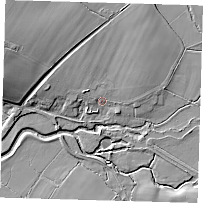 Shaded relief map of the ground around BN85BT, computed from Environment Agency LiDAR. The ground here sits at about 7 m above sea level and falls 15 m across the surrounding 800 m. Surface water reaching this point runs off ground lying to the north-north-west, 3.8 m higher.