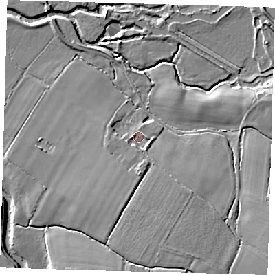 Shaded relief map of the ground around BN85BX, computed from Environment Agency LiDAR. The ground here sits at about 7 m above sea level and falls 11 m across the surrounding 800 m. Surface water reaching this point runs off ground lying to the south-south-east, 2.5 m higher.