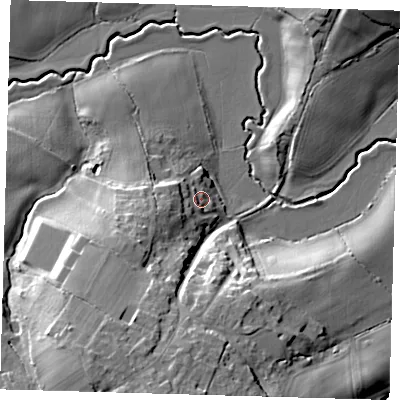 Shaded relief map of the ground around BN85DX, computed from Environment Agency LiDAR. The ground here sits at about 15 m above sea level and falls 24 m across the surrounding 800 m. Surface water reaching this point runs off ground lying to the west-south-west, 9.8 m higher.
