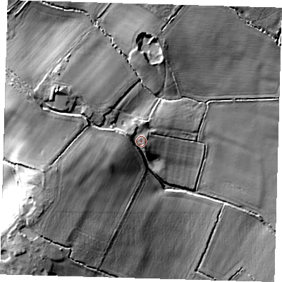 Shaded relief map of the ground around BN85EA, computed from Environment Agency LiDAR. The ground here sits at about 20 m above sea level and falls 23 m across the surrounding 800 m. Surface water reaching this point runs off ground lying to the west-south-west, 10.0 m higher.
