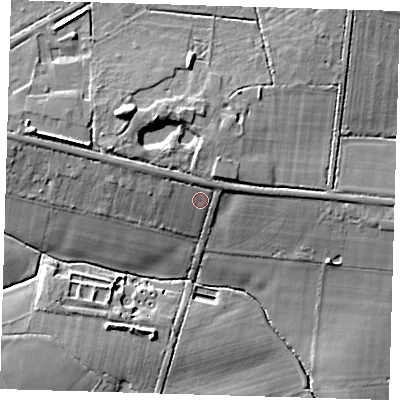 Shaded relief map of the ground around BN85GJ, computed from Environment Agency LiDAR. The ground here sits at about 14 m above sea level and falls 16 m across the surrounding 800 m. Surface water reaching this point runs off ground lying to the north-north-west, 3.1 m higher.