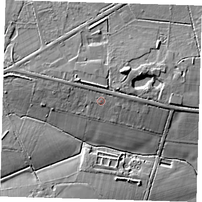 Shaded relief map of the ground around BN85NH, computed from Environment Agency LiDAR. The ground here sits at about 15 m above sea level and falls 15 m across the surrounding 800 m. Surface water reaching this point runs off ground lying to the north, 1.6 m higher.