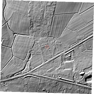 Shaded relief map of the ground around BN85NS, computed from Environment Agency LiDAR. The ground here sits at about 15 m above sea level and falls 10 m across the surrounding 800 m. Surface water reaching this point runs off ground lying to the south, 1.8 m higher.