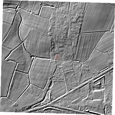 Shaded relief map of the ground around BN85PH, computed from Environment Agency LiDAR. The ground here sits at about 14 m above sea level and falls 8 m across the surrounding 800 m. Surface water reaching this point runs off ground lying to the north-east, 4.4 m higher.