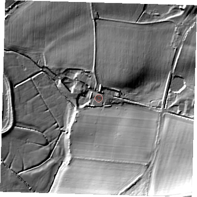 Shaded relief map of the ground around BN85RJ, computed from Environment Agency LiDAR. The ground here sits at about 7 m above sea level and falls 37 m across the surrounding 800 m. Surface water reaching this point runs off ground lying to the south-east, 33.6 m higher.