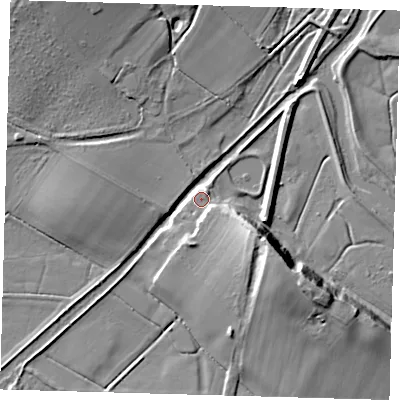 Shaded relief map of the ground around BN85TB, computed from Environment Agency LiDAR. The ground here sits at about 6 m above sea level and falls 18 m across the surrounding 800 m. Surface water reaching this point runs off ground lying to the north-east, 4.5 m higher.