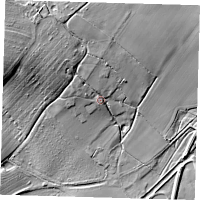 Shaded relief map of the ground around BN85TD, computed from Environment Agency LiDAR. The ground here sits at about 14 m above sea level and falls 31 m across the surrounding 800 m. Surface water reaching this point runs off ground lying to the north-west, 14.9 m higher.