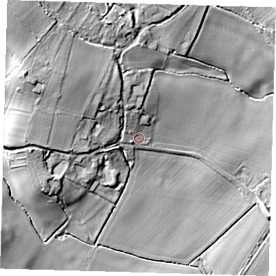 Shaded relief map of the ground around BN85TR, computed from Environment Agency LiDAR. The ground here sits at about 15 m above sea level and falls 33 m across the surrounding 800 m. Surface water reaching this point runs off ground lying to the north-north-west, 6.5 m higher.