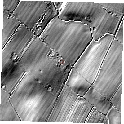 Shaded relief map of the ground around BN86BA, computed from Environment Agency LiDAR. The ground here sits at about 14 m above sea level and falls 8 m across the surrounding 800 m. Surface water reaching this point runs off ground lying to the west-south-west, 1.4 m higher.