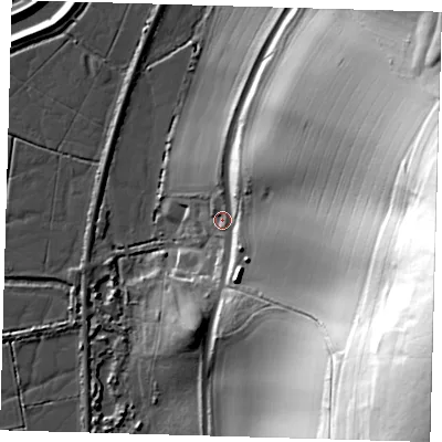 Shaded relief map of the ground around BN86EP, computed from Environment Agency LiDAR. The ground here sits at about 10 m above sea level and falls 94 m across the surrounding 800 m. Surface water reaching this point runs off ground lying to the east, 75.7 m higher.