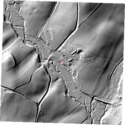 Shaded relief map of the ground around BN86HG, computed from Environment Agency LiDAR. The ground here sits at about 34 m above sea level and falls 34 m across the surrounding 800 m. Surface water reaching this point runs off ground lying to the north-east, 14.7 m higher.