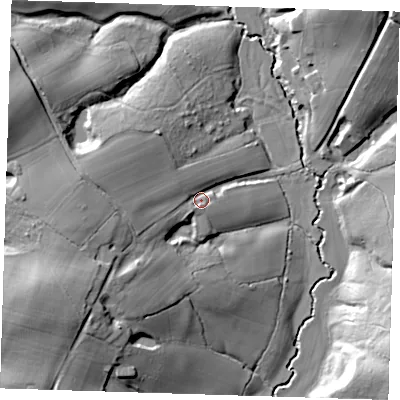 Shaded relief map of the ground around BN86HQ, computed from Environment Agency LiDAR. The ground here sits at about 36 m above sea level and falls 30 m across the surrounding 800 m. Surface water reaching this point runs off ground lying to the west, 16.2 m higher.