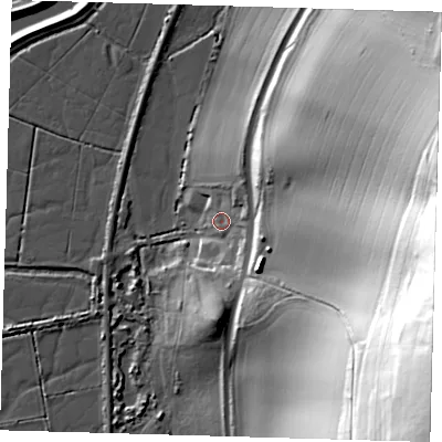 Shaded relief map of the ground around BN86JS, computed from Environment Agency LiDAR. The ground here sits at about 7 m above sea level and falls 85 m across the surrounding 800 m. Surface water reaching this point runs off ground lying to the east, 65.4 m higher.