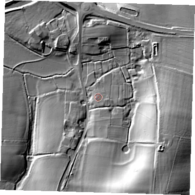 Shaded relief map of the ground around BN86JY, computed from Environment Agency LiDAR. The ground here sits at about 8 m above sea level and falls 28 m across the surrounding 800 m. Surface water reaching this point runs off ground lying to the south-east, 1.3 m higher.