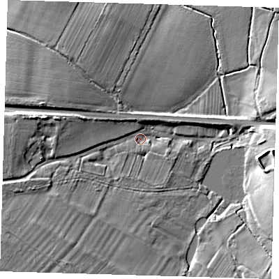 Shaded relief map of the ground around BN86NB, computed from Environment Agency LiDAR. The ground here sits at about 11 m above sea level and falls 18 m across the surrounding 800 m. Surface water reaching this point runs off ground lying to the south-west, 12.9 m higher.