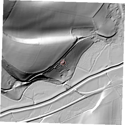 Shaded relief map of the ground around BN86RP, computed from Environment Agency LiDAR. The ground here sits at about 18 m above sea level and falls 90 m across the surrounding 800 m. Surface water reaching this point runs off ground lying to the west-north-west, 45.2 m higher.