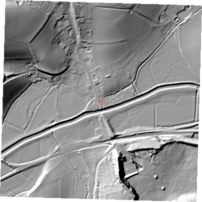 Shaded relief map of the ground around BN86SS, computed from Environment Agency LiDAR. The ground here sits at about 4 m above sea level and falls 36 m across the surrounding 800 m. Surface water reaching this point runs off ground lying to the north, 21.9 m higher.