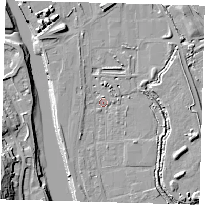 Shaded relief map of the ground around BN90AA, computed from Environment Agency LiDAR. The ground here sits at about 2 m above sea level and falls 26 m across the surrounding 800 m. Surface water reaching this point runs off ground lying to the north, 4.1 m higher.