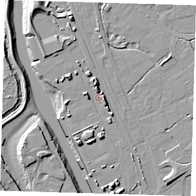 Shaded relief map of the ground around BN90AB, computed from Environment Agency LiDAR. The ground here sits at about 3 m above sea level and falls 15 m across the surrounding 800 m. Surface water reaching this point runs off ground lying to the north-north-west, 8.9 m higher.