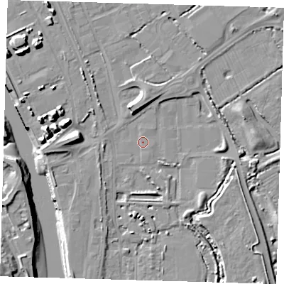 Shaded relief map of the ground around BN90AD, computed from Environment Agency LiDAR. The ground here sits at about 3 m above sea level and falls 14 m across the surrounding 800 m. Surface water reaching this point runs off ground lying to the west, 9.5 m higher.